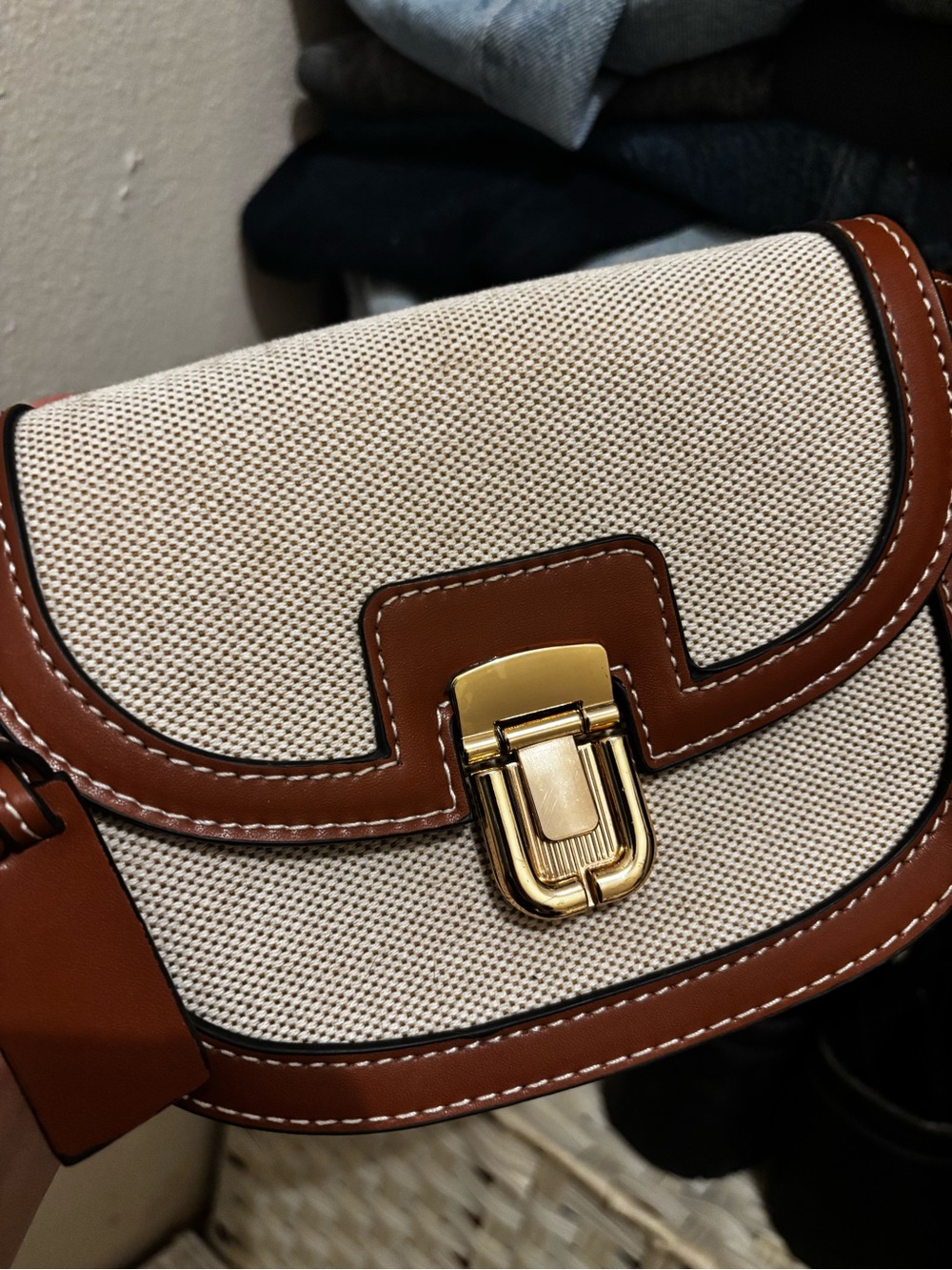 Cream Canvas Crossbody with Brown Leather Trim and Gold Hardware